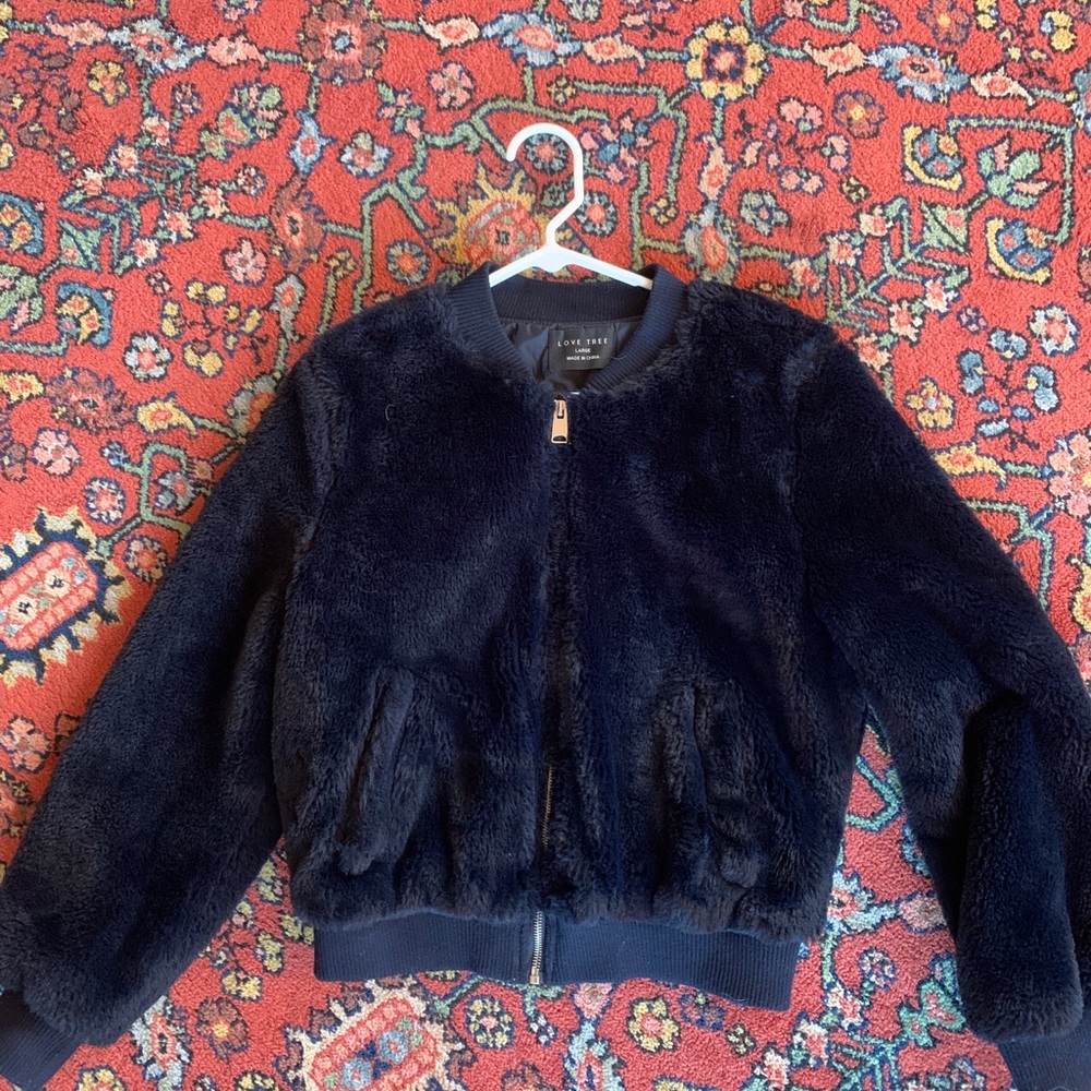 Navy Faux Fur Bomber sz. L (fits M)